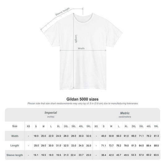 White t-shirt with measurement chart on a white background