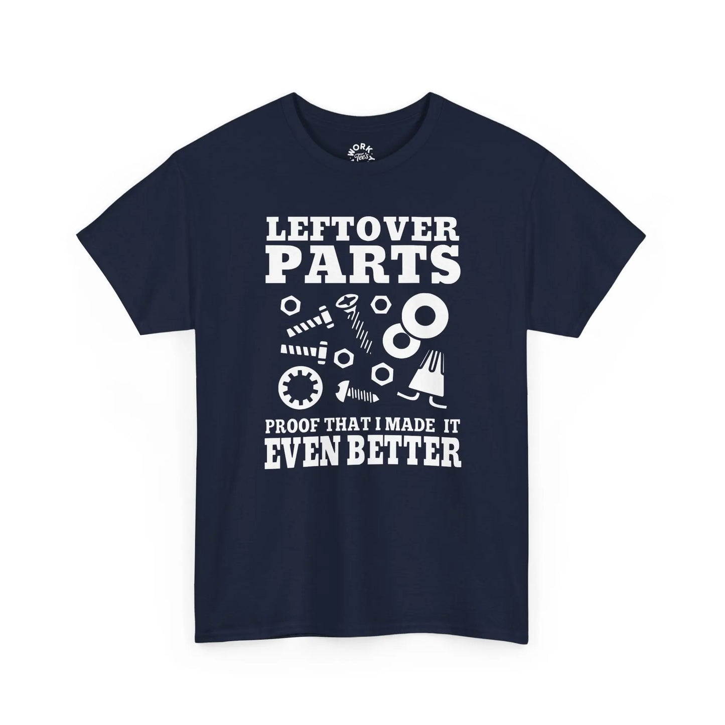 Navy blue t-shirt with white graphic and text on a white background