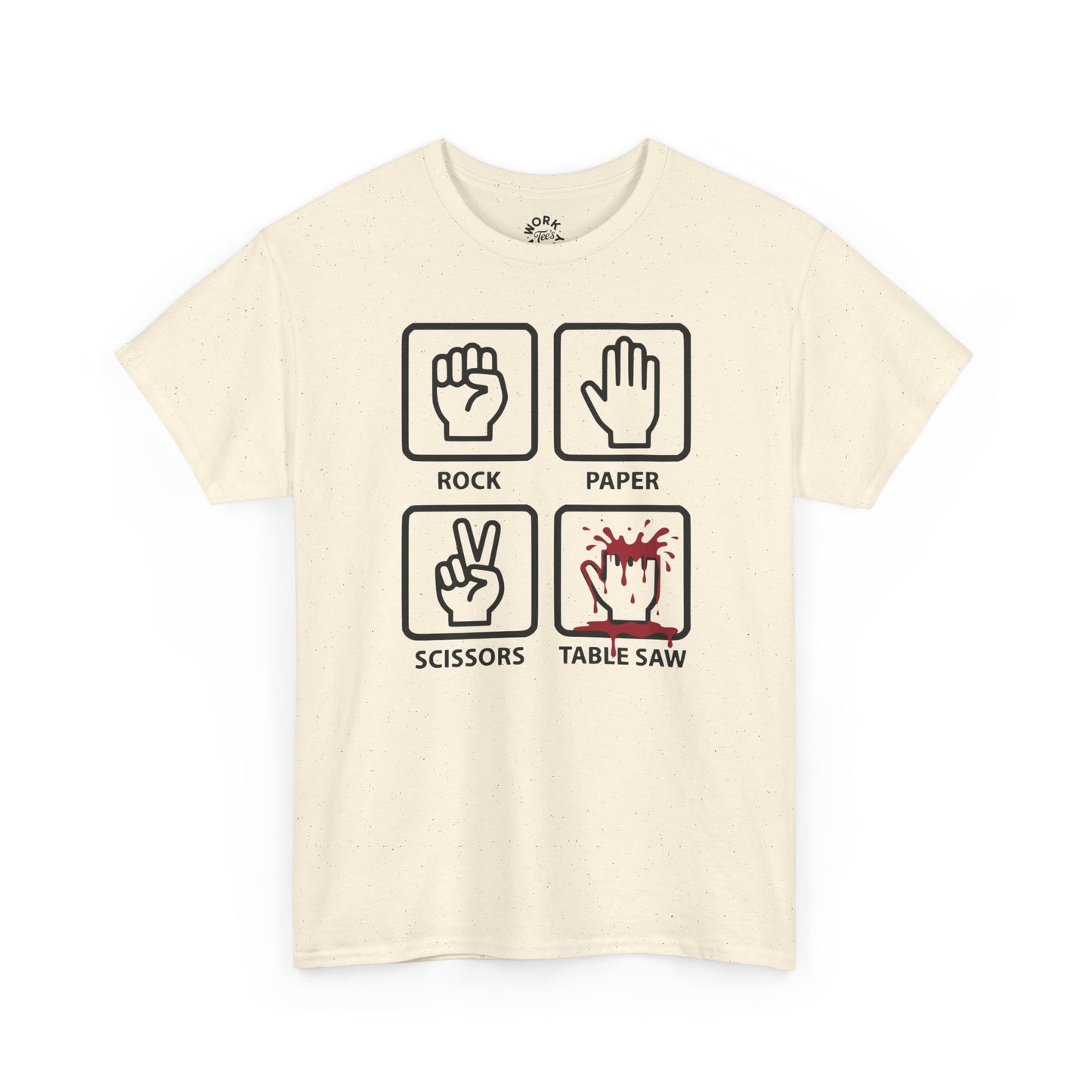 Beige t-shirt with graphic designs and text on a white background