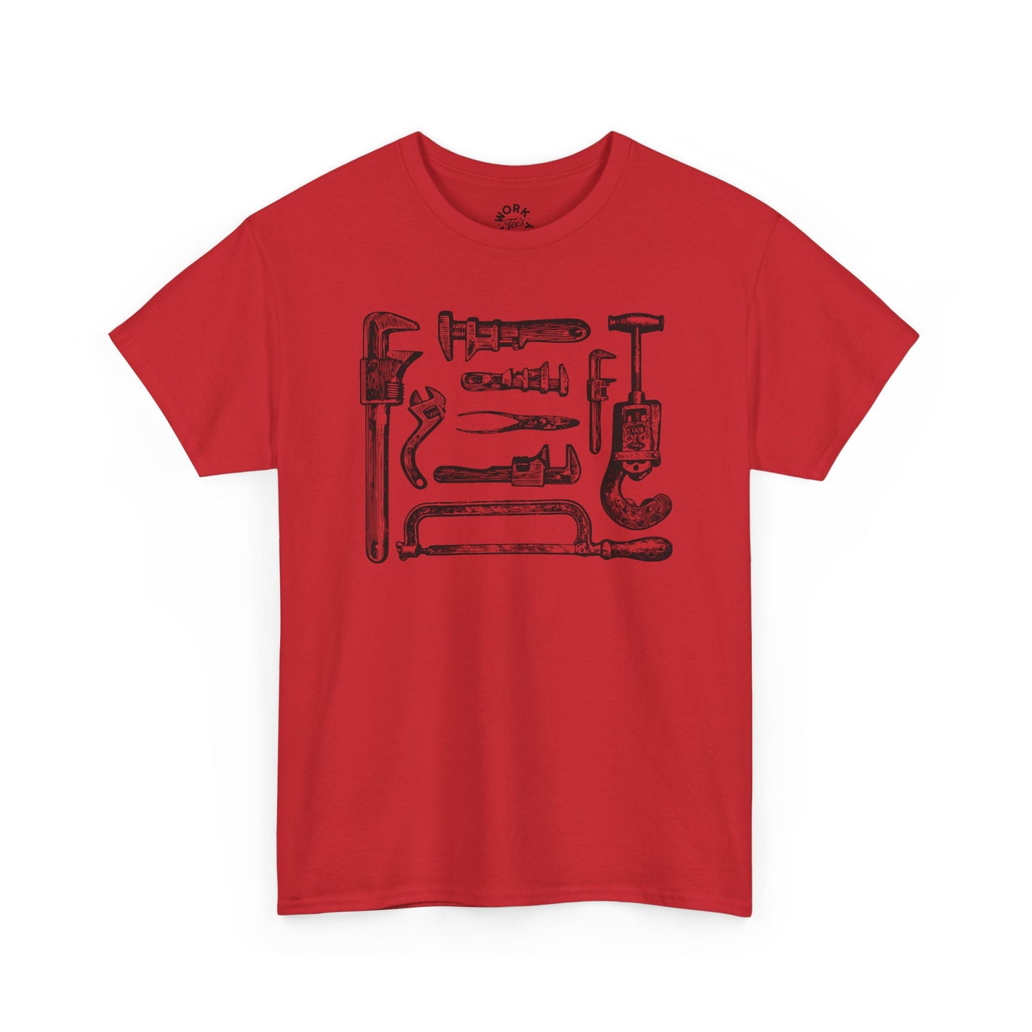 Red t-shirt with black graphic design on a white background