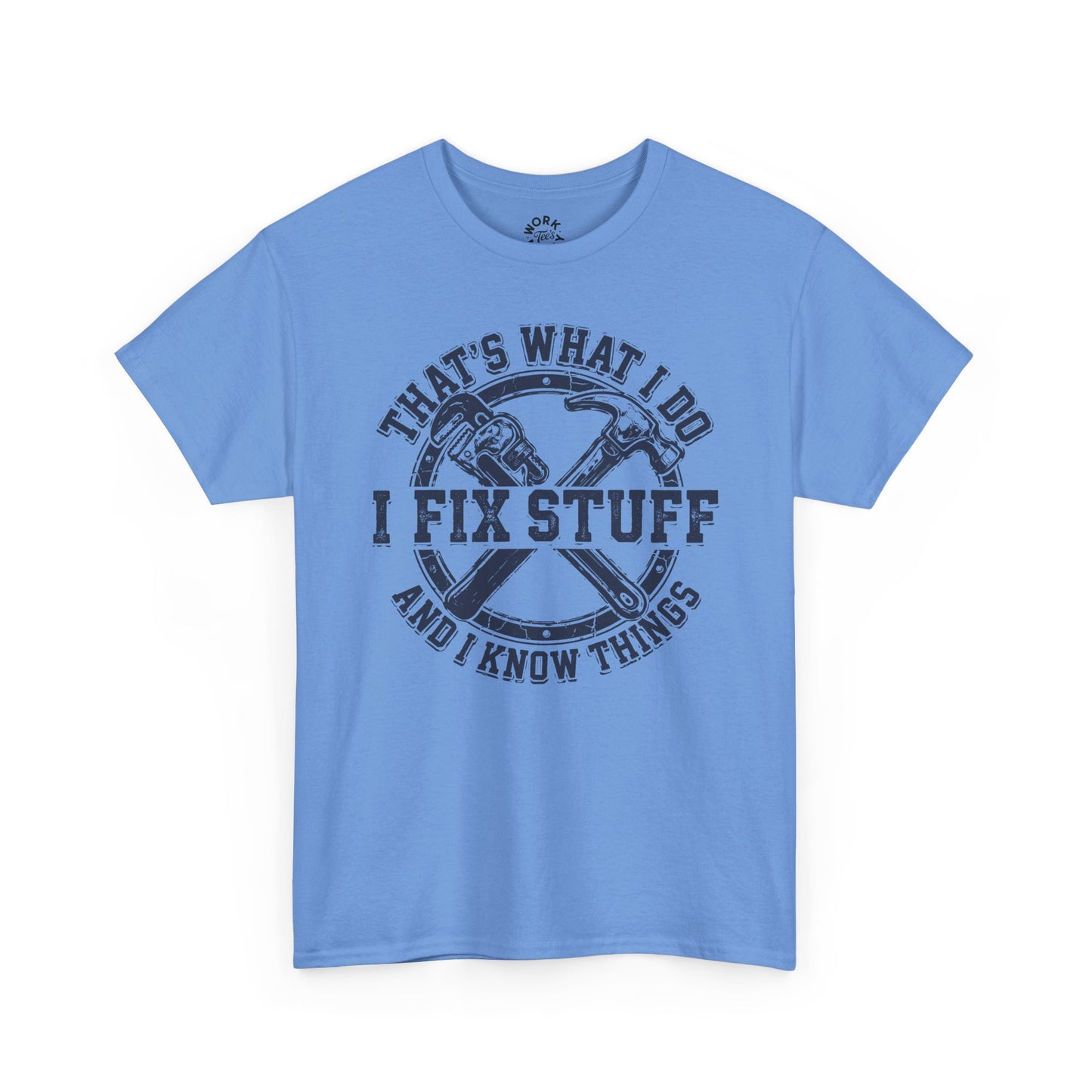 Light blue t-shirt with graphic design and text on a white background
