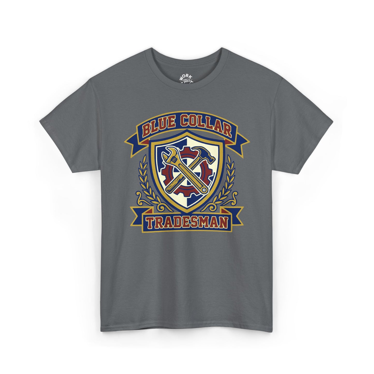 Gray t-shirt with 'Blue Collar Tradesman' graphic on a white background