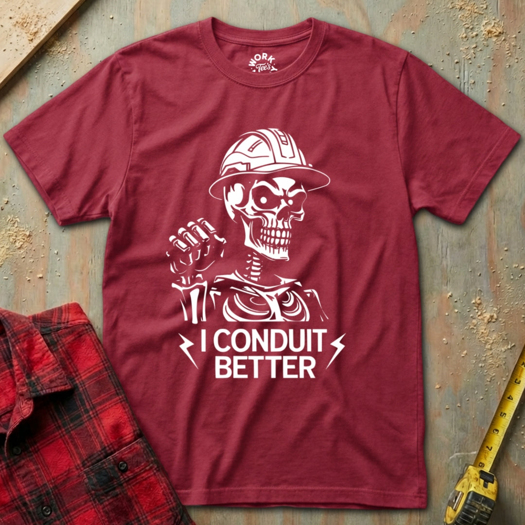 Red t-shirt with a white graphic and text on a textured surface