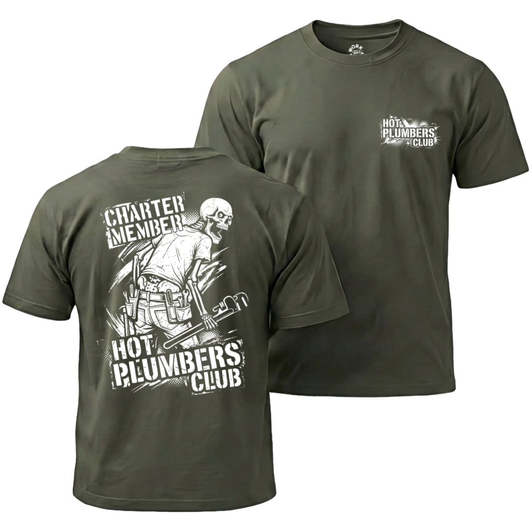 Green t-shirt with 'Hot Plumbers Club' graphic on front and back