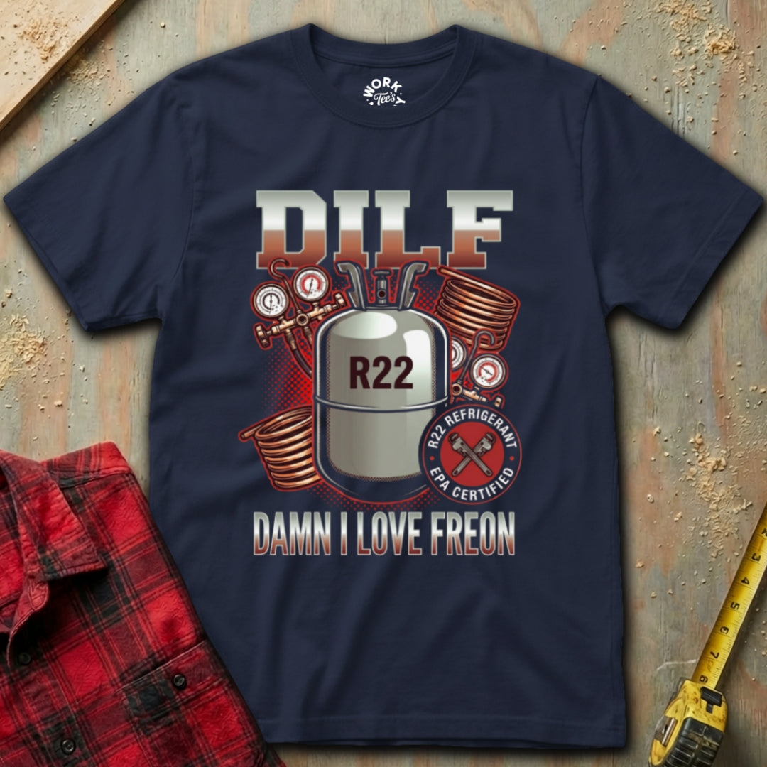 Navy blue t-shirt with R22 refrigerant design and text on a textured surface.