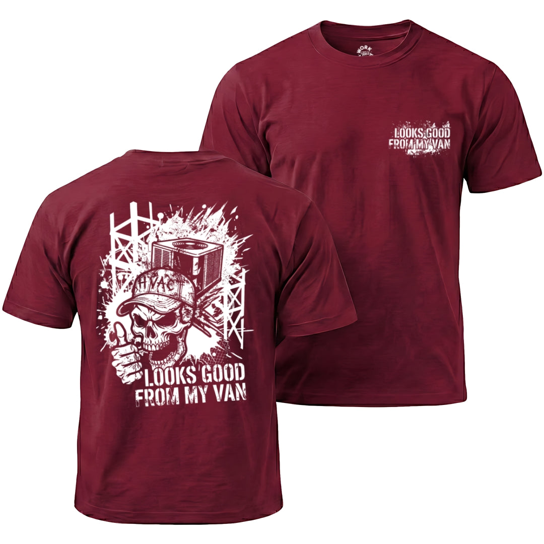 Maroon t-shirt with white graphic and text on a white background