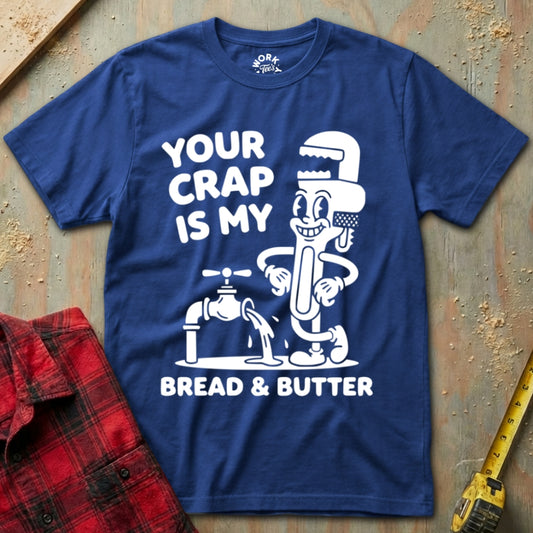 Blue t-shirt with white graphic and text on a textured surface