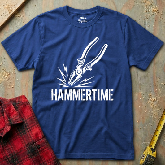 Blue t-shirt with white graphic and 'HAMMERTIME' text on a textured surface.