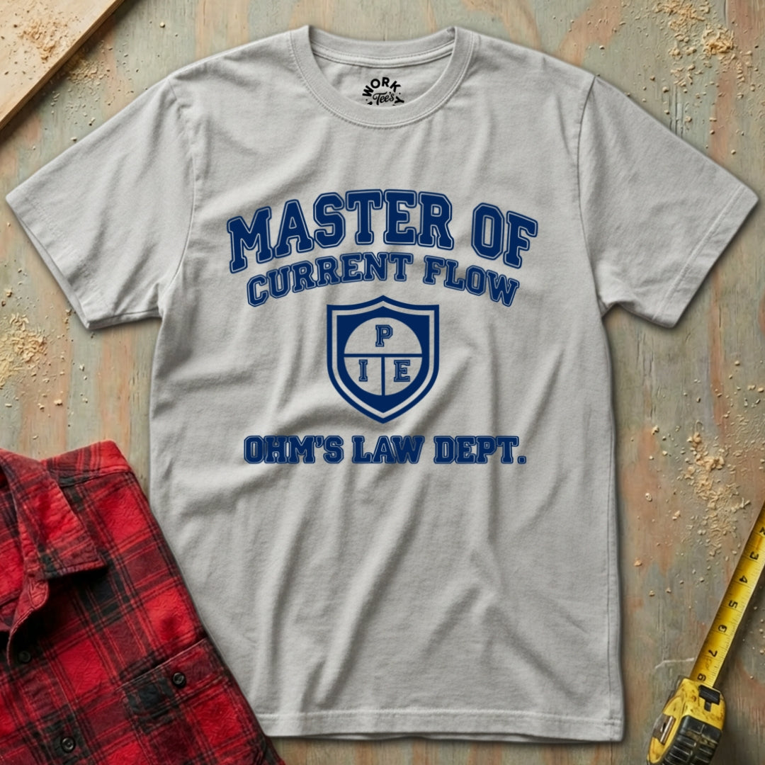 Ash t-shirt with blue text and logo on a textured surface with red plaid shirt and yellow tool in background