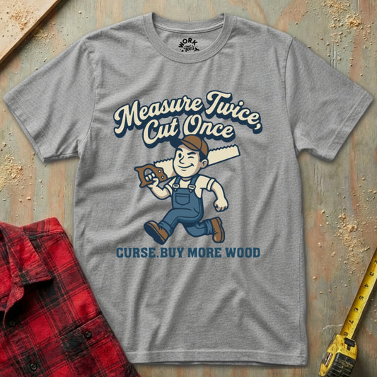 Gray t-shirt with a graphic design of a cartoon character holding a measuring tape and text on a wooden background.