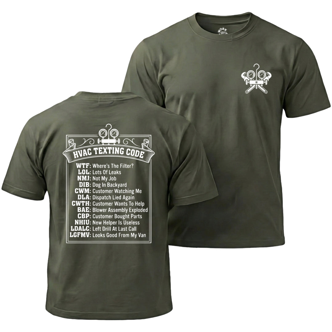 Military Green t-shirt with HVAC terminology text on a white background