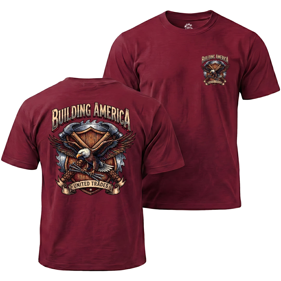 Maroon t-shirt with eagle design and 'Building America United Trades' text on a white background