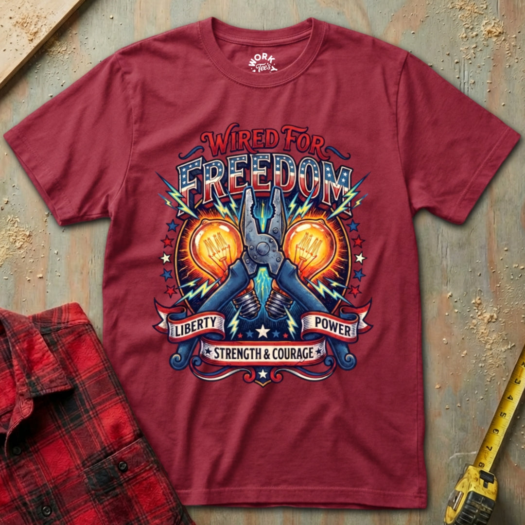 Red t-shirt with 'Wired for Freedom' graphic design on a textured surface.