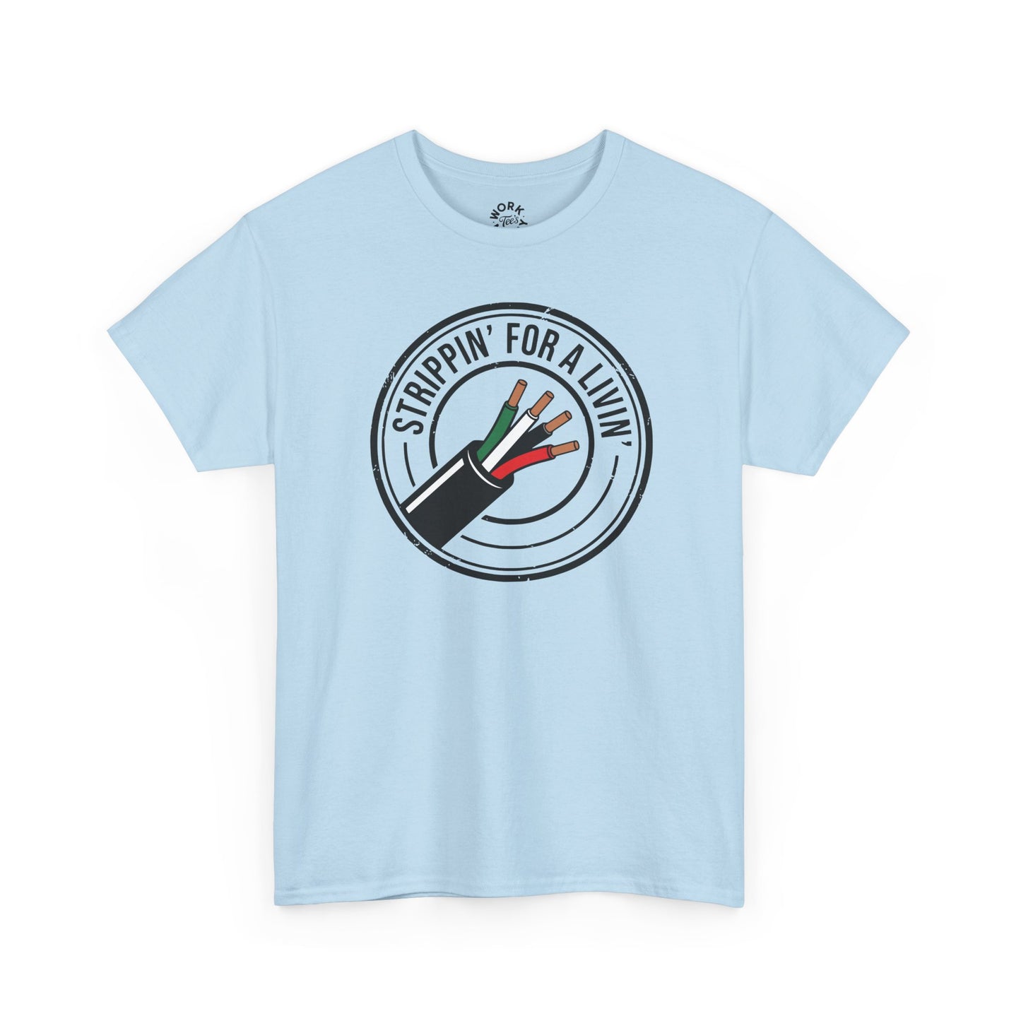 Light blue t-shirt with a graphic design and text on a white background