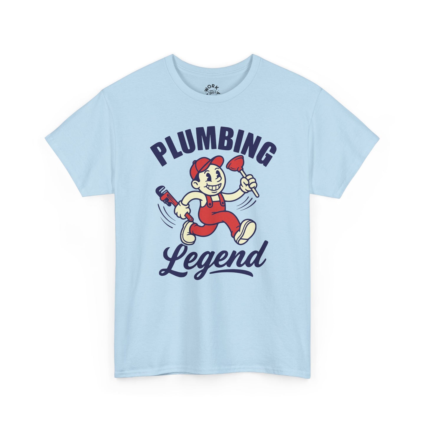 Light blue t-shirt with plumbing-themed graphic and text on a white background
