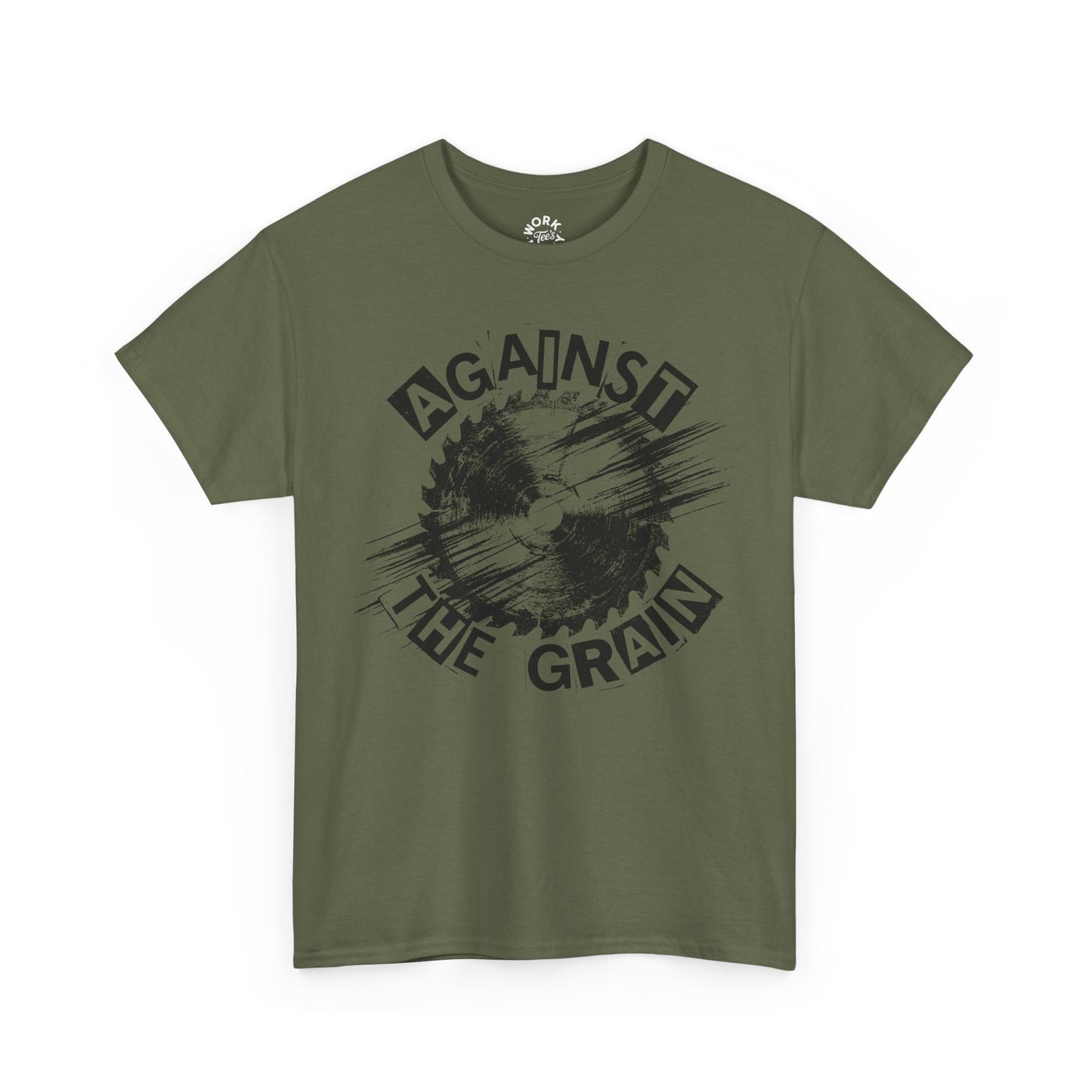 Green t-shirt with 'Against the Grain' graphic design on a white background