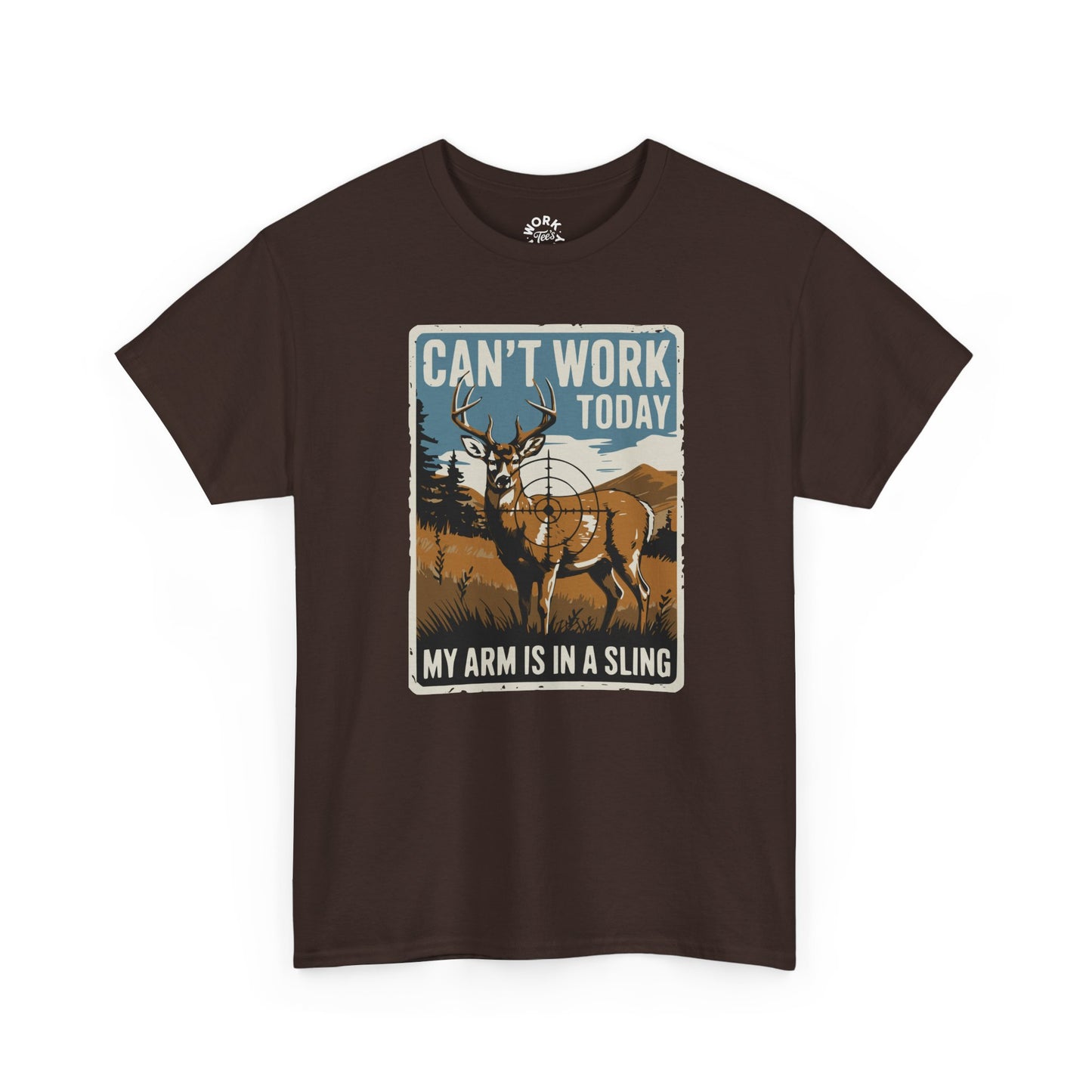 Brown t-shirt with a graphic of a deer and text on a white background