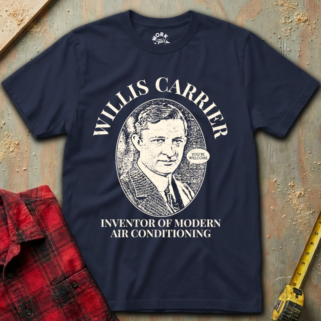 Navy blue t-shirt with a graphic of Willis Carrier and text on a textured surface.