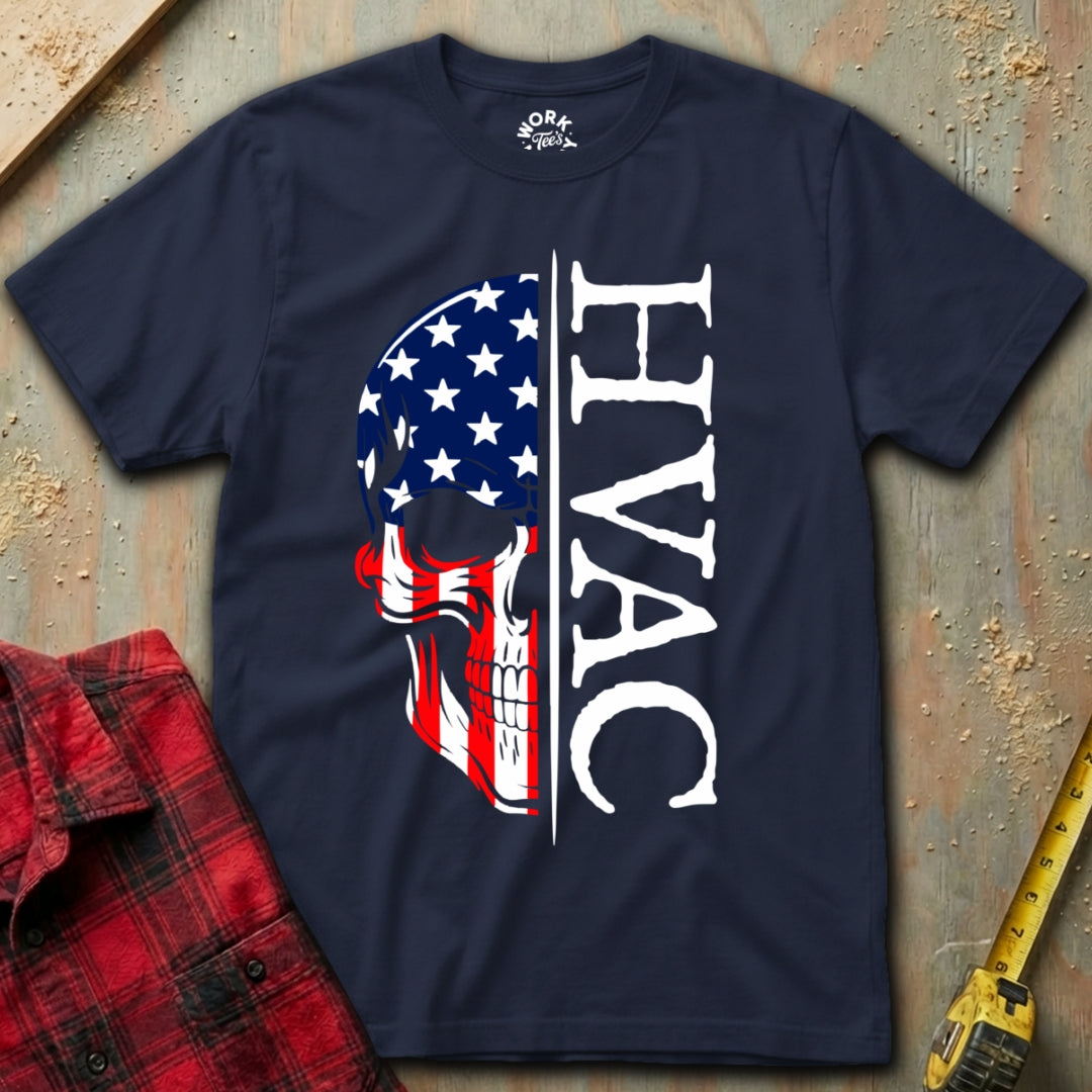 Navy blue t-shirt with HVAC design featuring American flag skull on a textured surface.