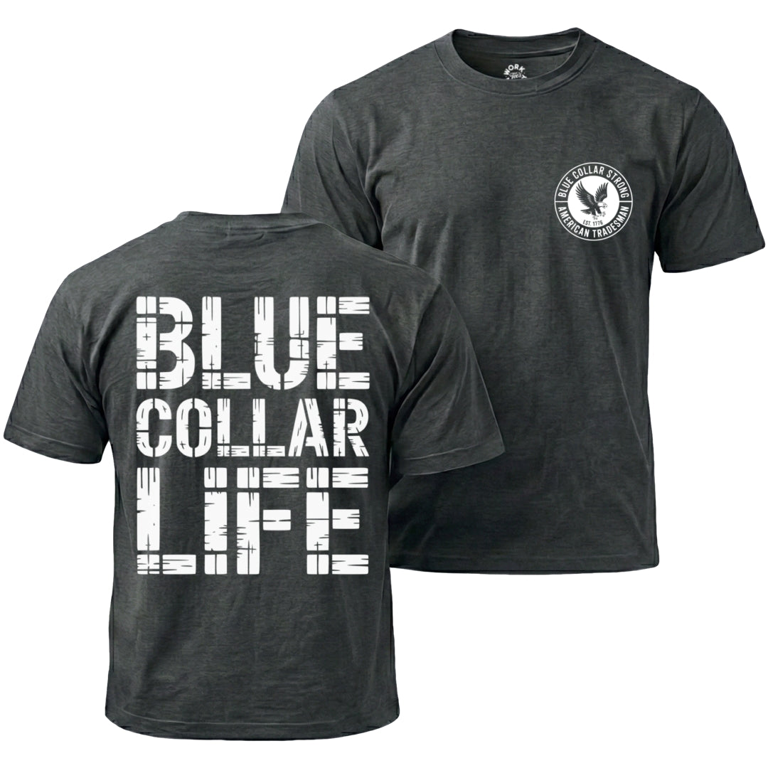 Black t-shirt with 'Blue Collar Life' text on front and logo on sleeve, on a white background