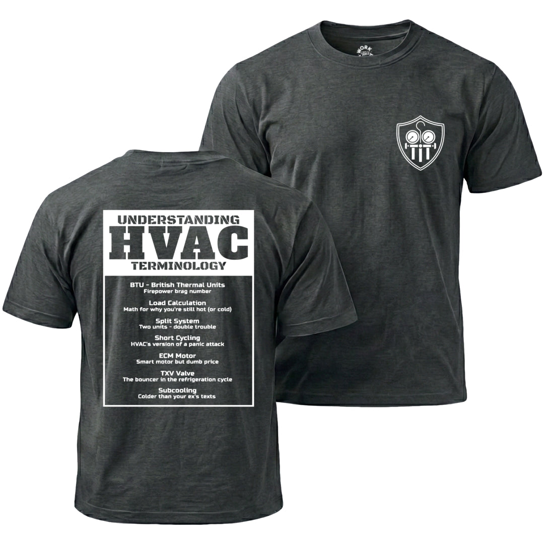 Dark gray t-shirt with HVAC terminology text on the front and logo on the back, on a white background.