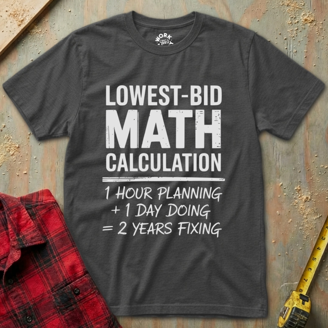 Black t-shirt with humorous math calculation text on a rustic background