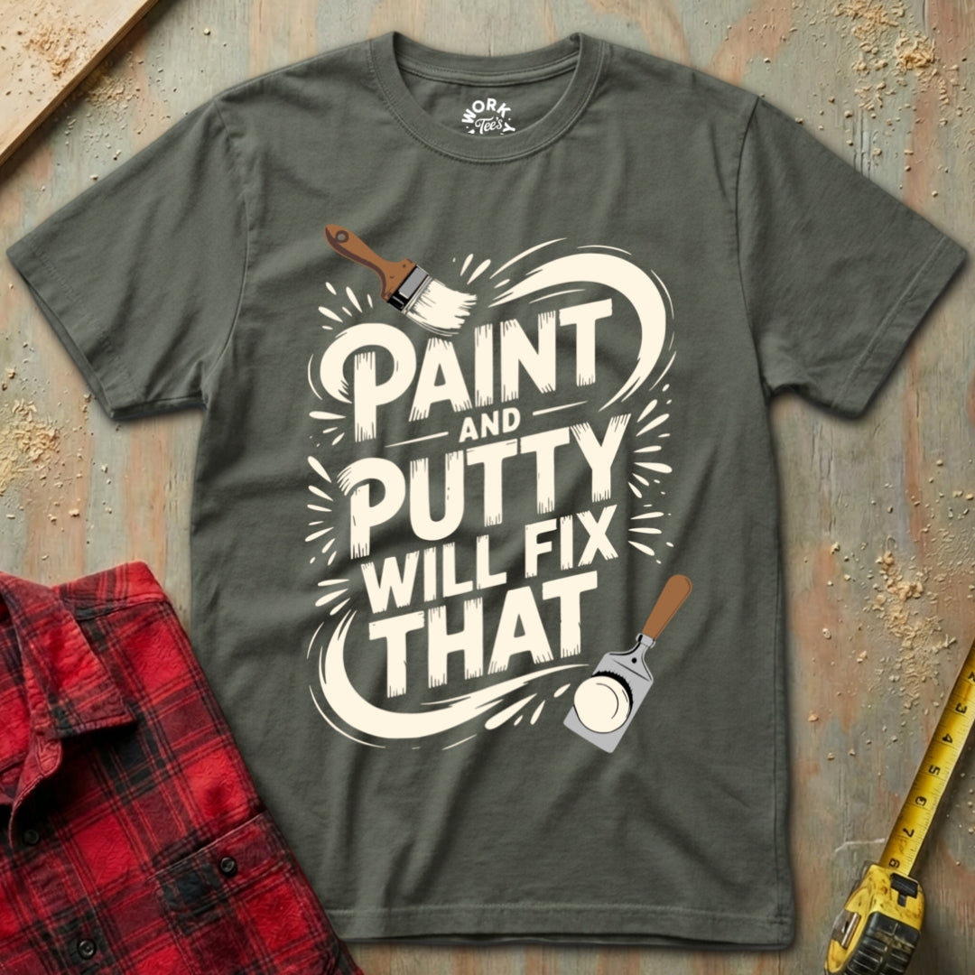 Gray t-shirt with 'Paint and Putty Will Fix That' design on a textured surface with tools.