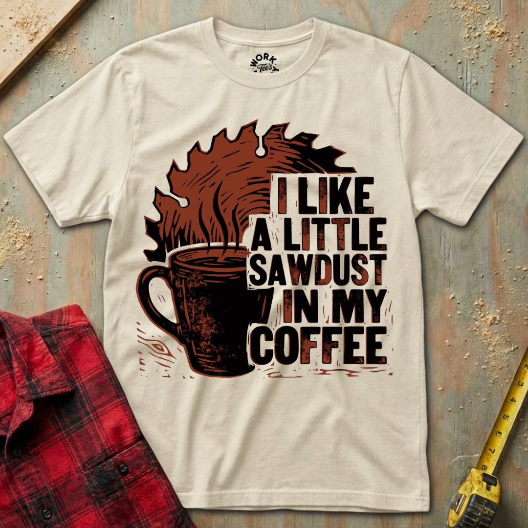 Beige t-shirt with coffee graphic and text on a textured surface with plaid shirt and tape measure.