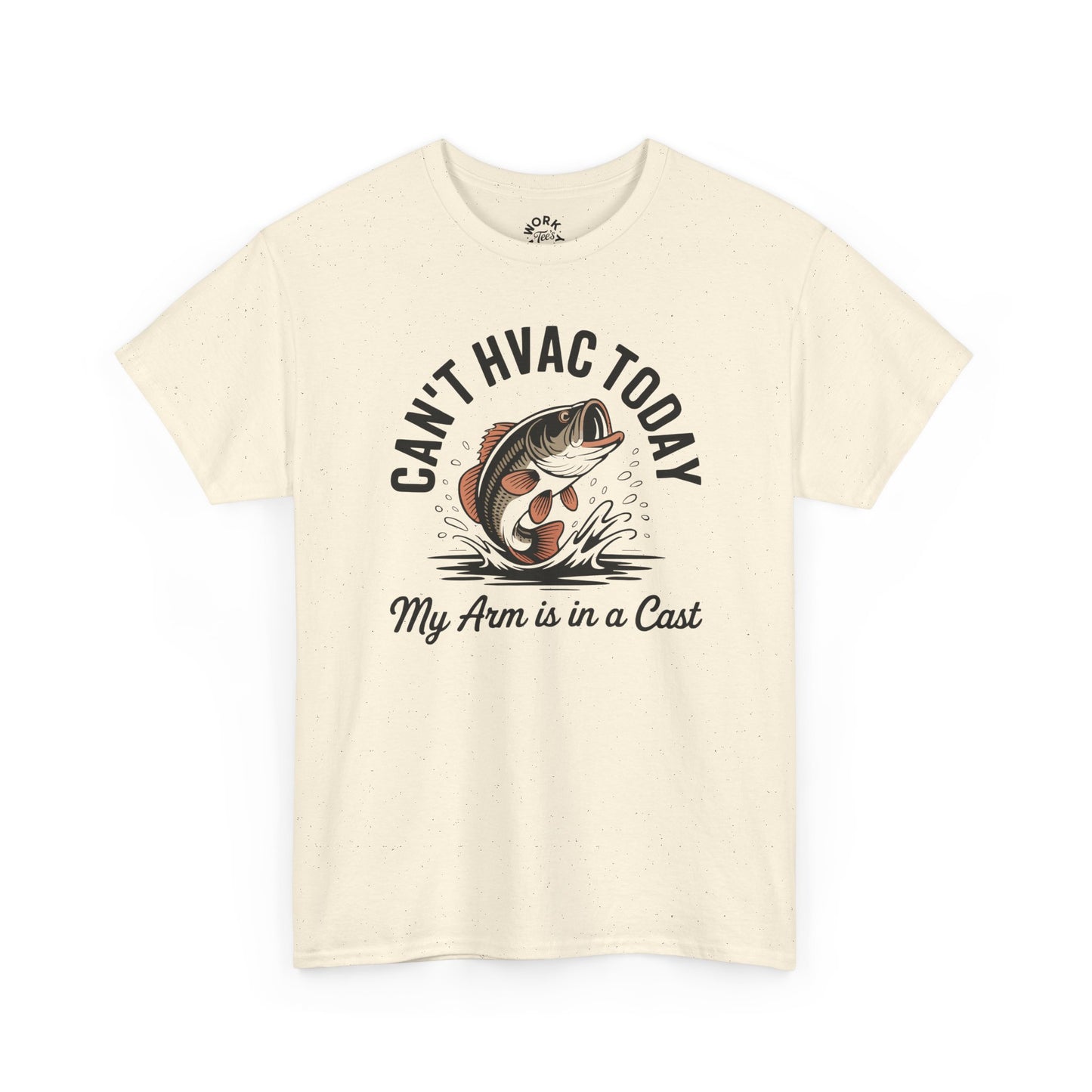 Beige t-shirt with a fishing graphic and text on a white background