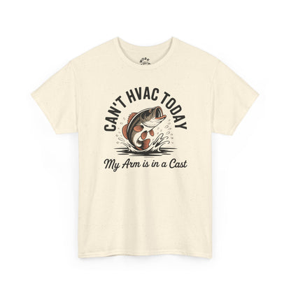 Beige t-shirt with a fishing graphic and text on a white background