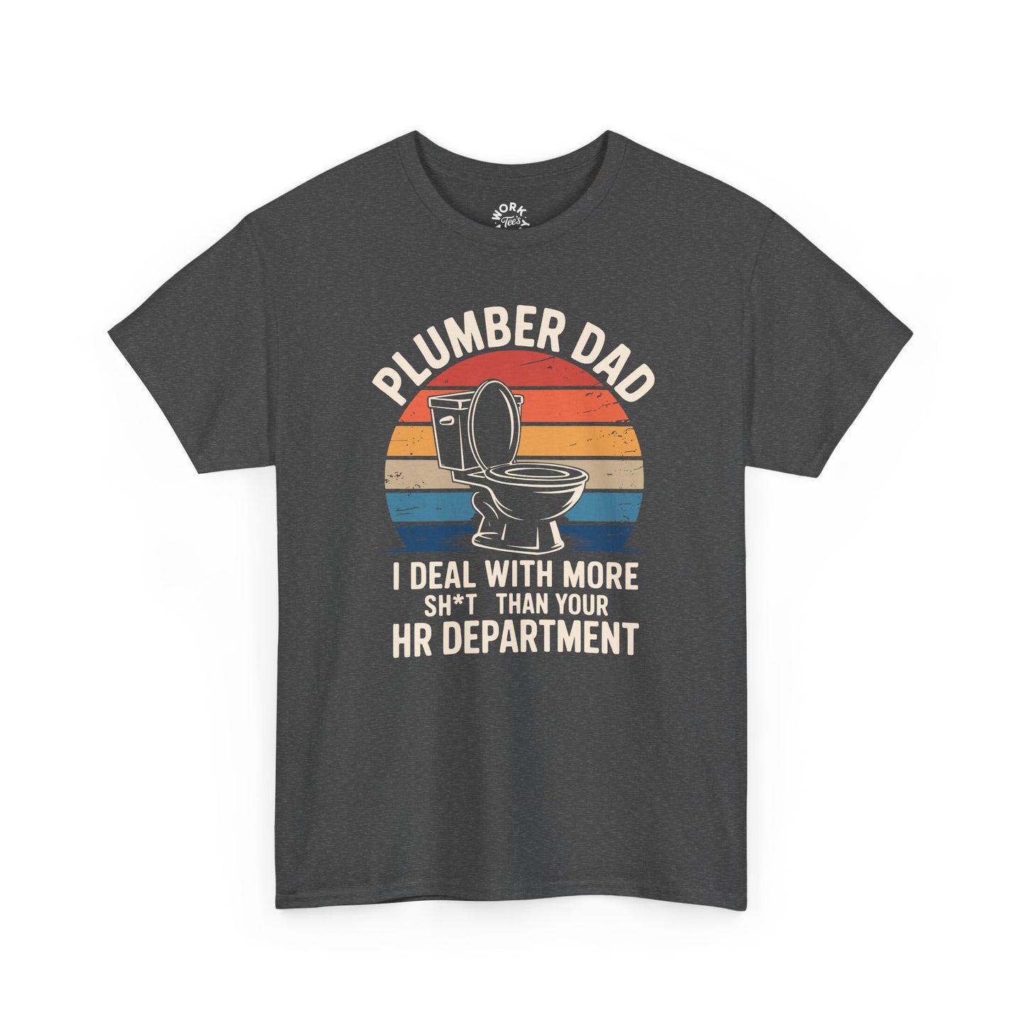 Gray t-shirt with 'Plumber Dad' graphic and text on a white background