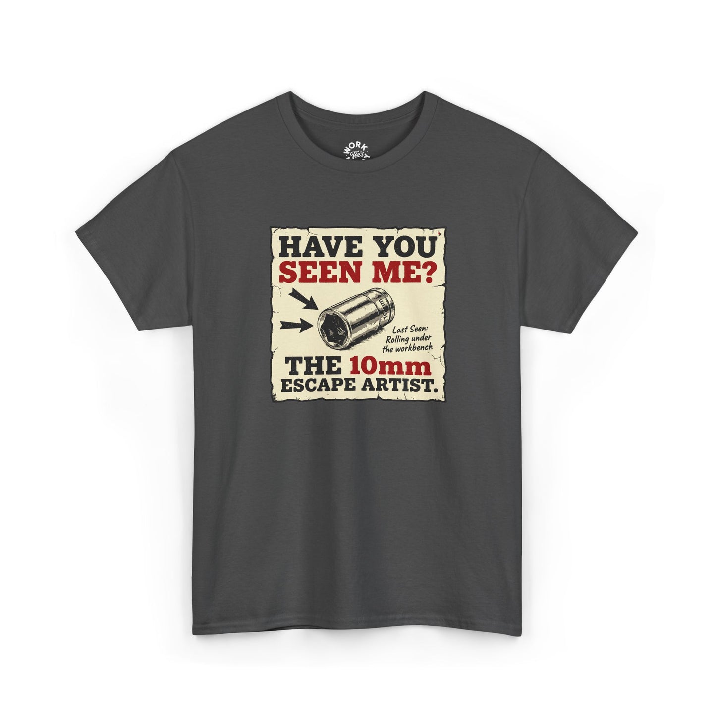 Gray t-shirt with a humorous graphic and text on a white background