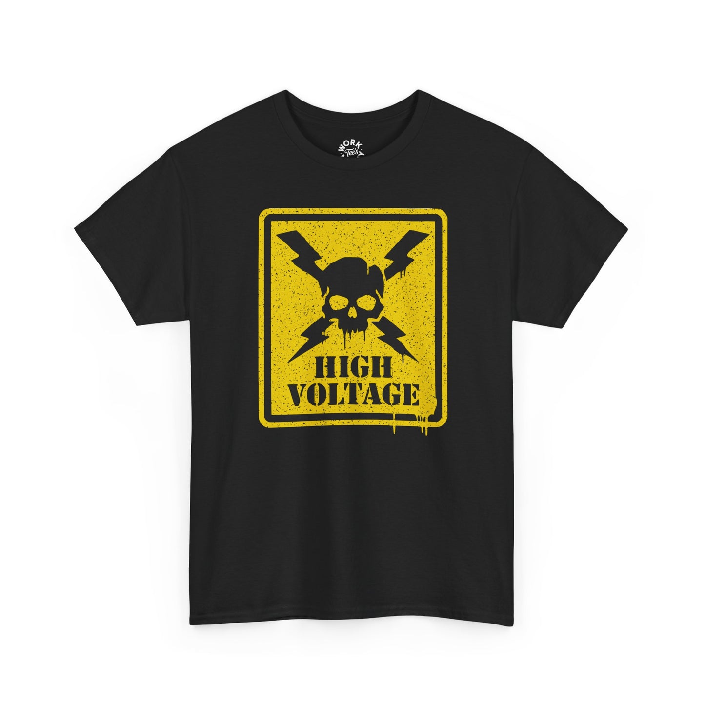 Black t-shirt with a yellow high voltage graphic on a white background