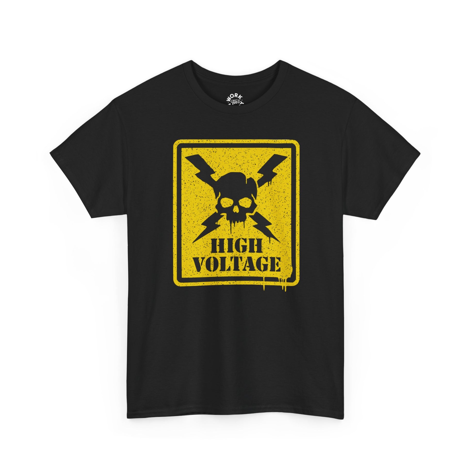 Black t-shirt with a yellow high voltage graphic on a white background
