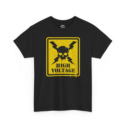 Black t-shirt with a yellow high voltage graphic on a white background