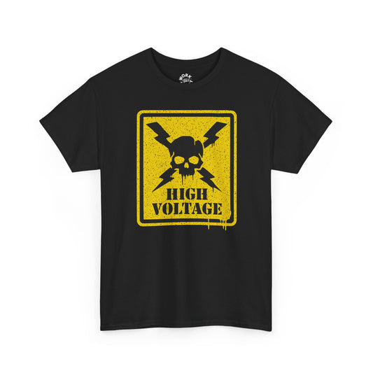 Black t-shirt with a yellow high voltage graphic on a white background