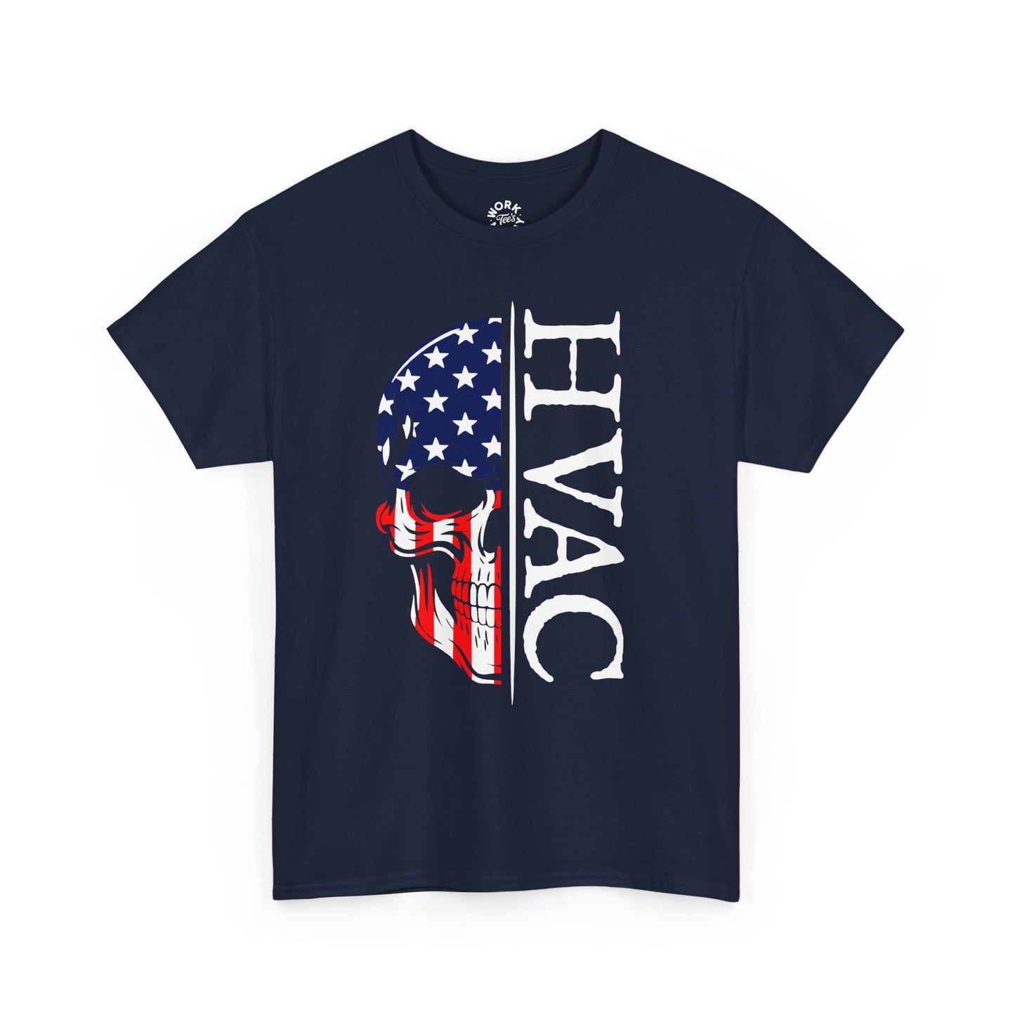 Navy blue t-shirt with HVAC design featuring an American flag skull on a white background