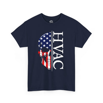 Navy blue t-shirt with HVAC design featuring an American flag skull on a white background