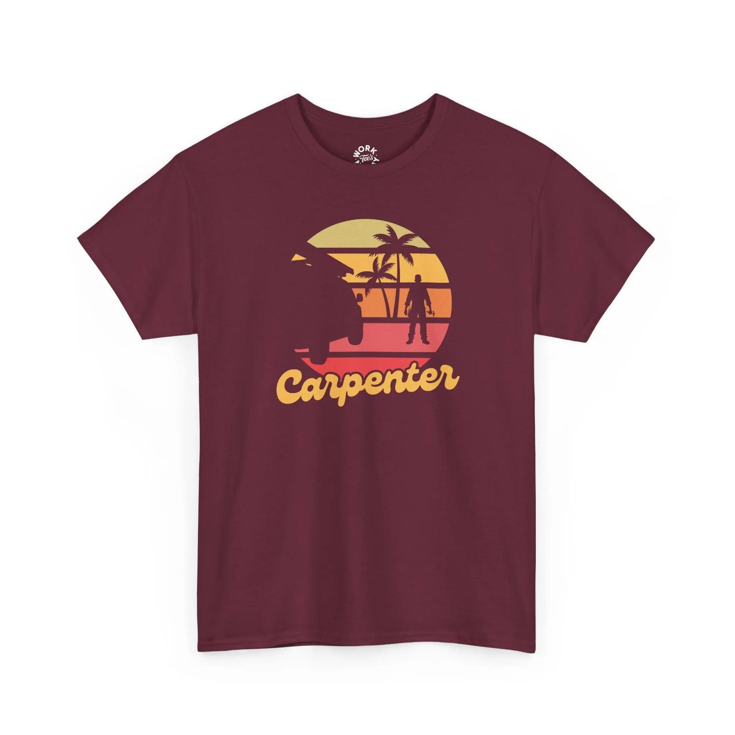 Maroon t-shirt with 'Carpenter' graphic design on a white background