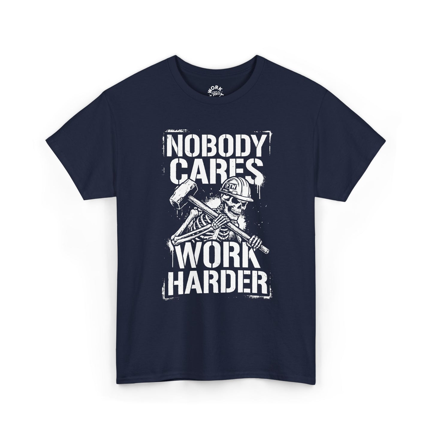 Navy blue t-shirt with a graphic design and text on a white background