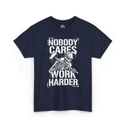 Navy blue t-shirt with a graphic design and text on a white background