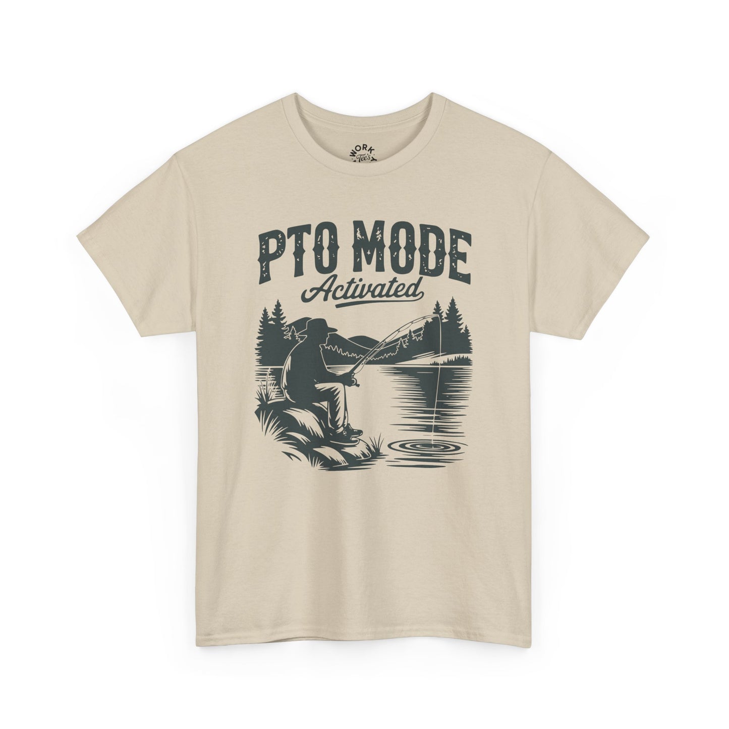 Beige t-shirt with graphic design of a person fishing and text 'PTO Mode Activated' on a white background
