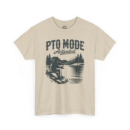 Beige t-shirt with graphic design of a person fishing and text 'PTO Mode Activated' on a white background