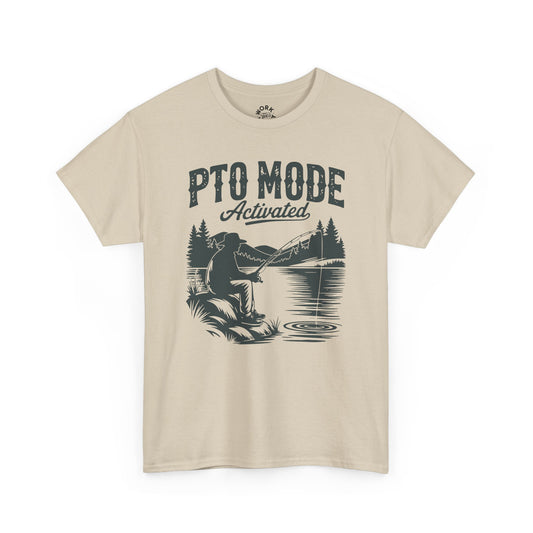 Beige t-shirt with graphic design of a person fishing and text 'PTO Mode Activated' on a white background