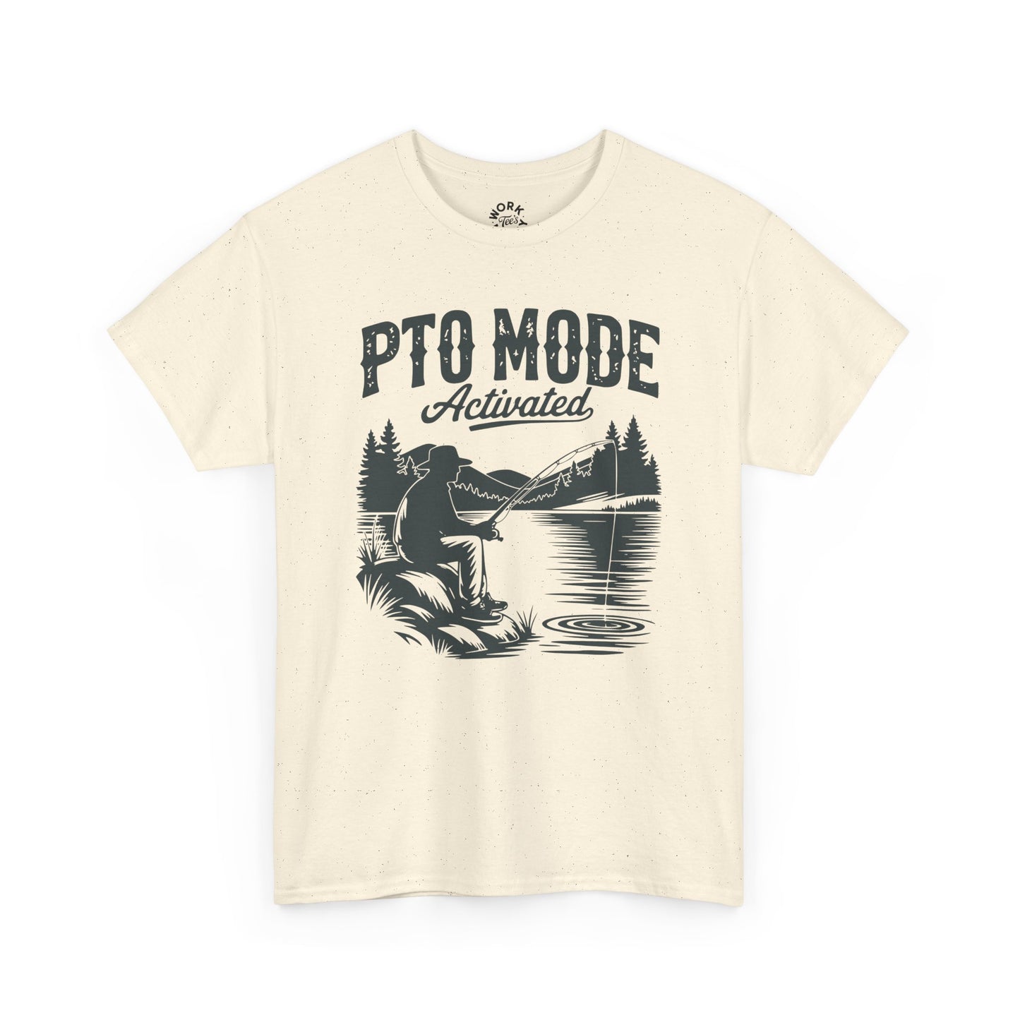 Beige t-shirt with a graphic of a person fishing and text 'PTO Mode Activated' on a white background