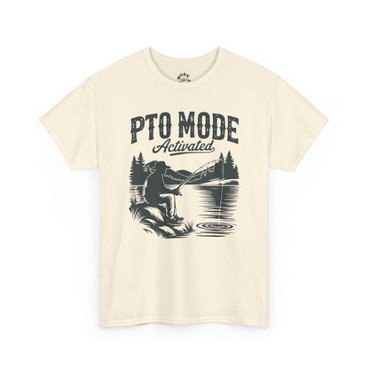 Beige t-shirt with a graphic of a person fishing and text 'PTO Mode Activated' on a white background
