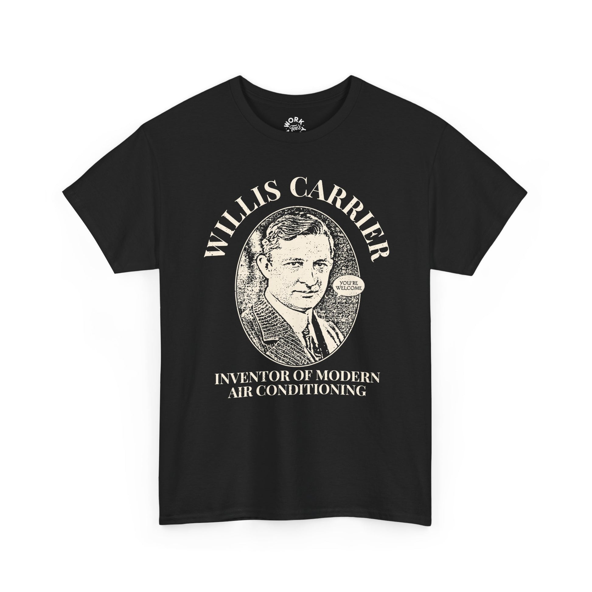 Black t-shirt with a graphic of Willis Carrier and text on a white background