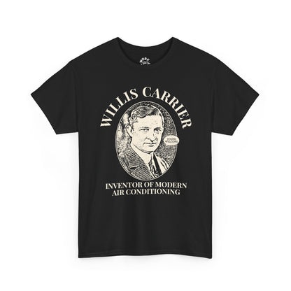 Black t-shirt with a graphic of Willis Carrier and text on a white background