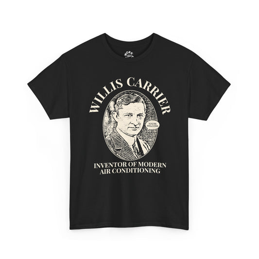 Black t-shirt with a graphic of Willis Carrier and text on a white background