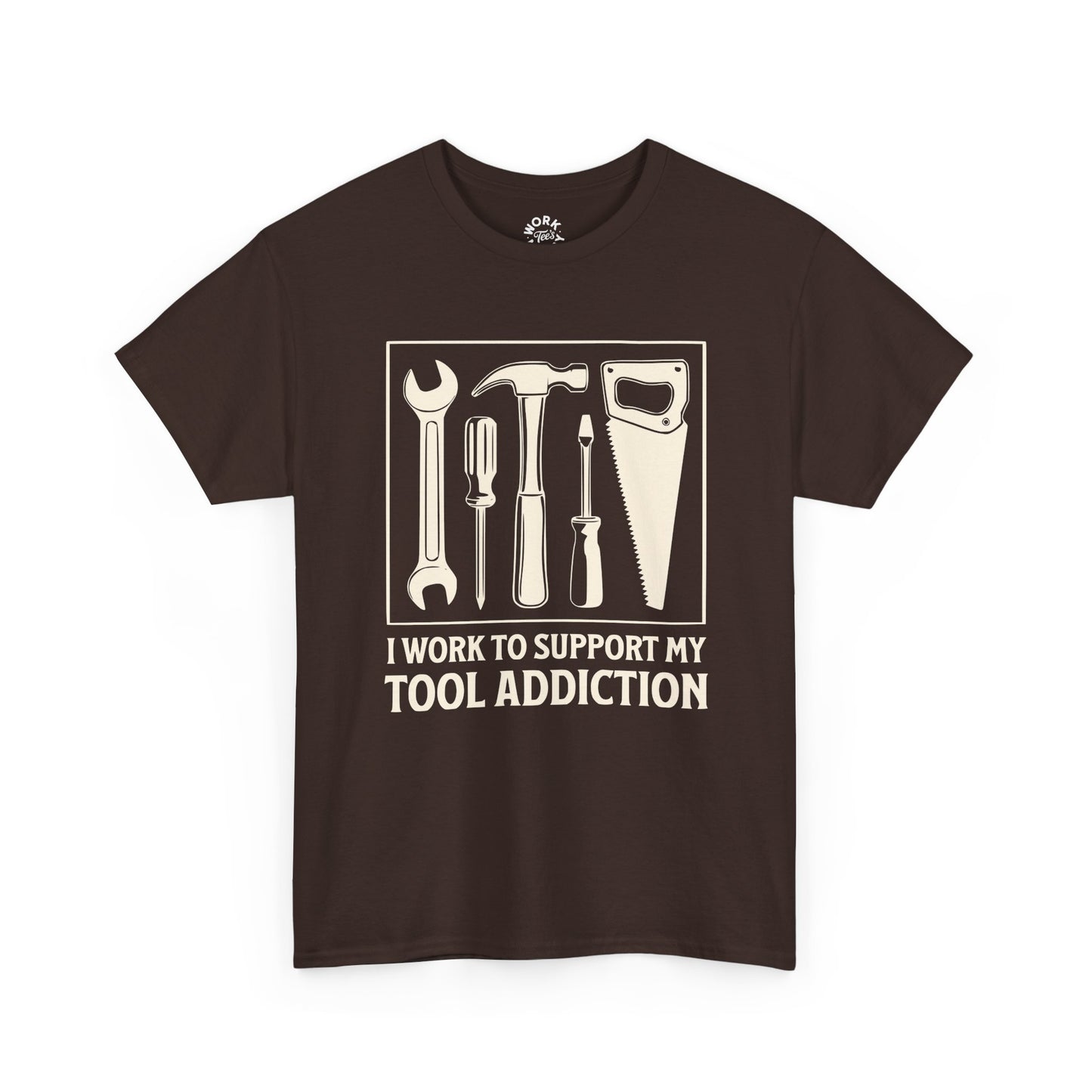 Brown t-shirt with tool graphic and text on a white background